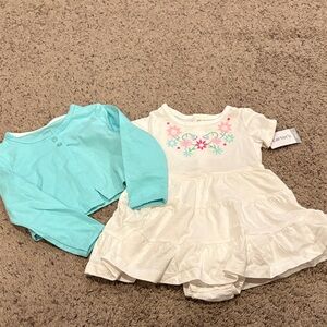 Carter's White Dress with Floral Design and Blue Cardigan
